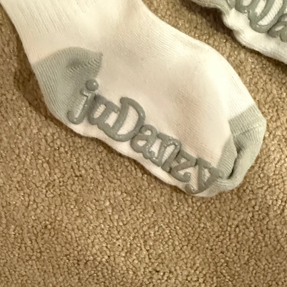 Danzy White and Gray Athletic Socks. Long socks. Written both sides. EUC